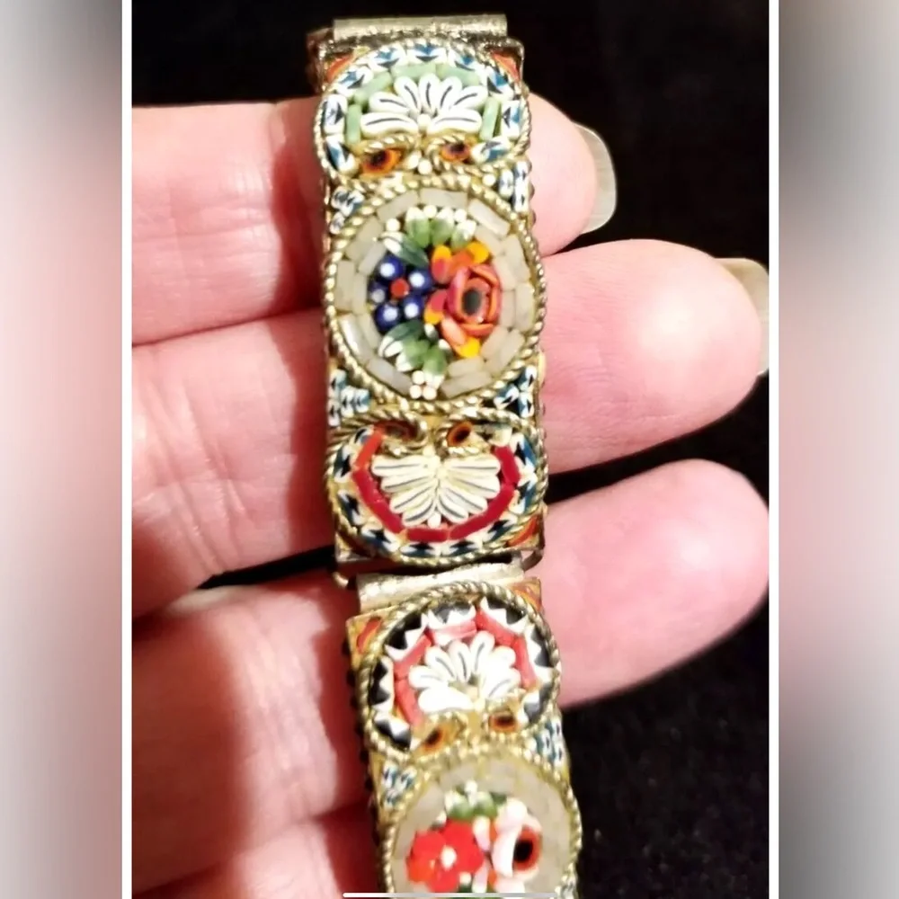 Vintage Silver Tone Italy Micro Mosaic Panel Bracelet Flowers Bouquet
